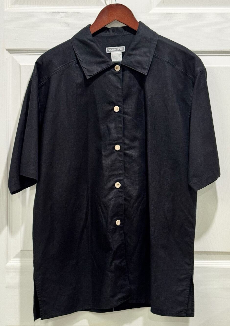 Sigrid Olsen Shirt Womens Size L Black Linen Blend Short Sleeve Button Front